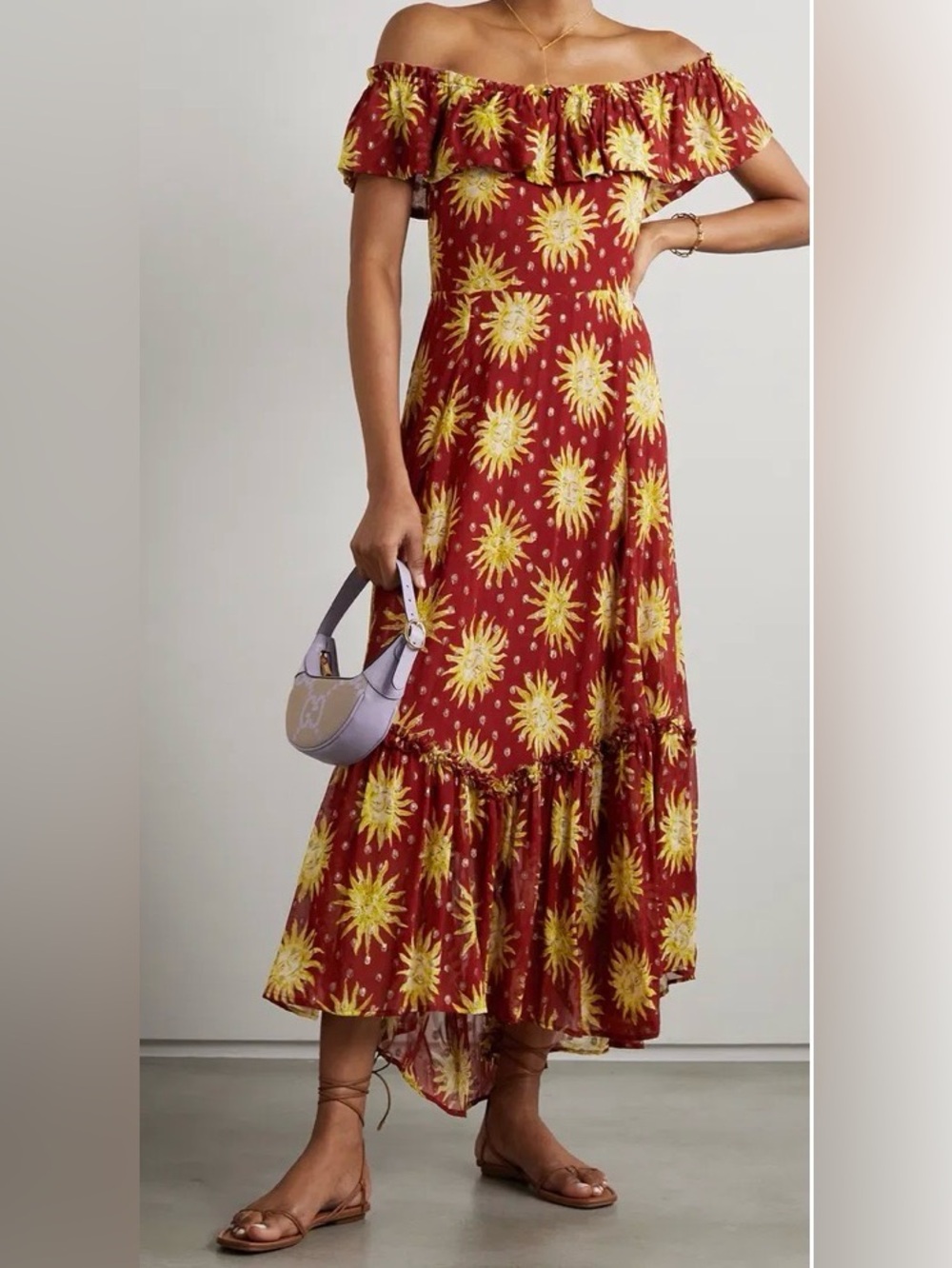 Rixo London Mauve off-the-shoulder printed metallic sun chiffon maxi dress 2XL